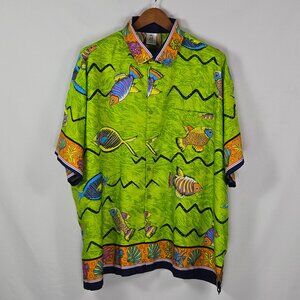Rima International Fish Print Hawaiian Shirt 2XL Green Short Sleeve Beachwear